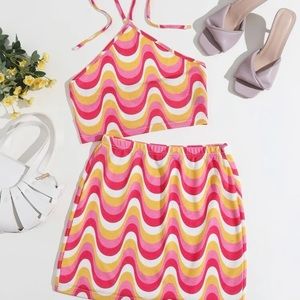 Marbled Halter Top and Skirt Set in Pink Orange and White